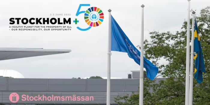 FN-flaggan hissad när Stockholm+50 öppnar på Stockholmsmässan