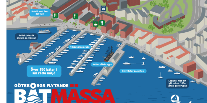 Över 150 båtar i sin rätta miljö. Göteborgs Flytande Båtmässa, Eriksbergs färjeläge, 29–31 maj 2026. Arrangeras av: Sweboat, Båtbranschens Riksförbund och At Event.